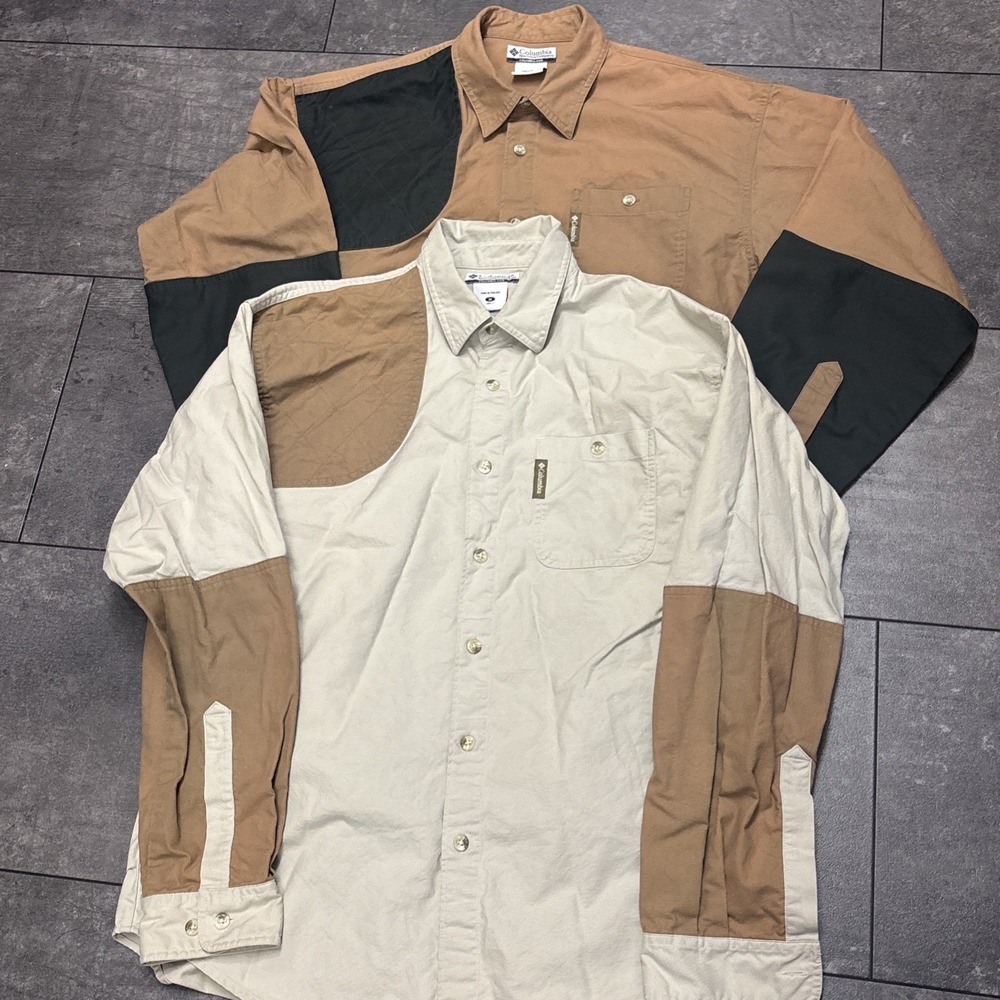 (2) VTG Columbia Shooting Shirt Mens M shooting vented Lightweight Hiking Khaki
